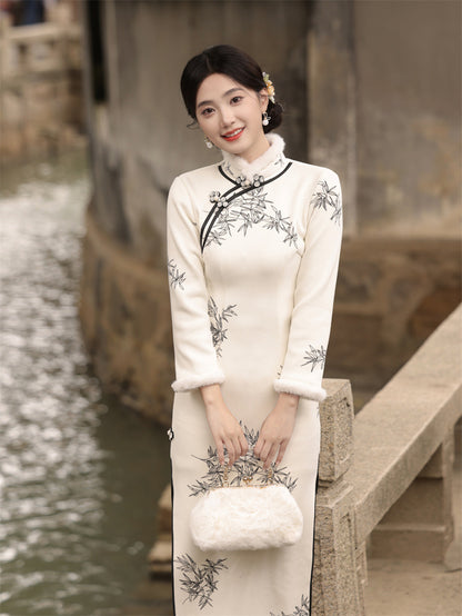 Yourqipao Winter Furred Thickened Soft Long Cheongsam Temperament Daily Qipao Chinese Style Evening Dress for Women Party