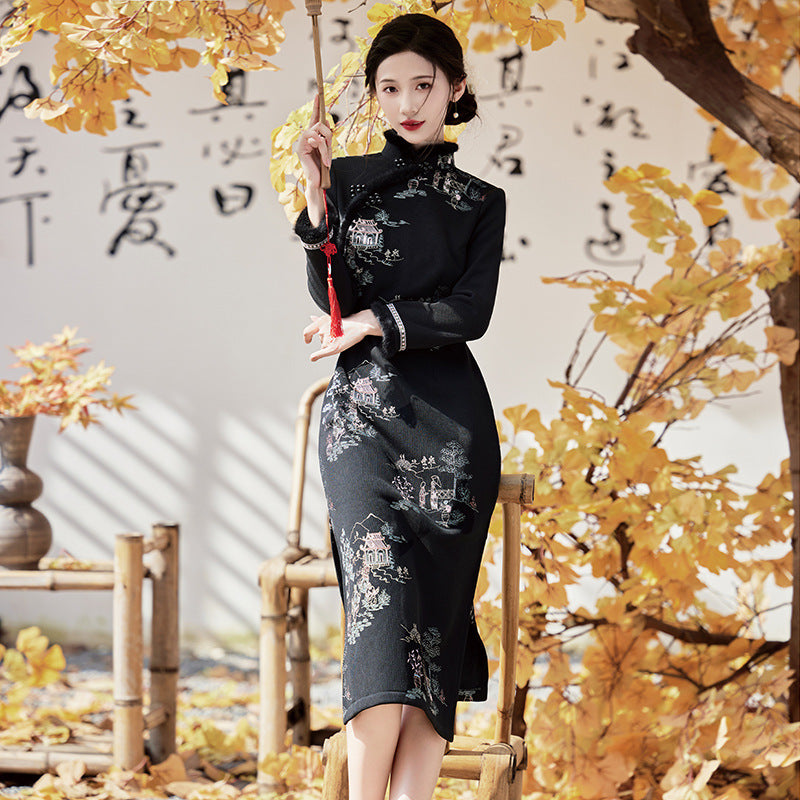 Yourqipao Winter Embroidered Black Cheongsam Retro Elegant Fashion Improved Qipao Chinese Style