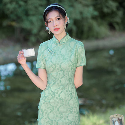 Summer Composite Lace Green Cheongsam Long Fresh Elegant Banquet Qipao Dress for Women