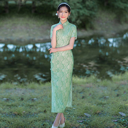 Summer Composite Lace Green Cheongsam Long Fresh Elegant Banquet Qipao Dress for Women