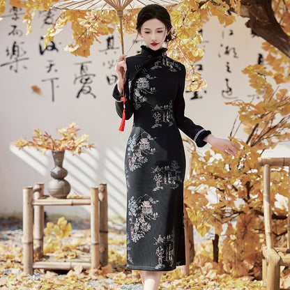 Yourqipao Winter Embroidered Black Cheongsam Retro Elegant Fashion Improved Qipao Chinese Style