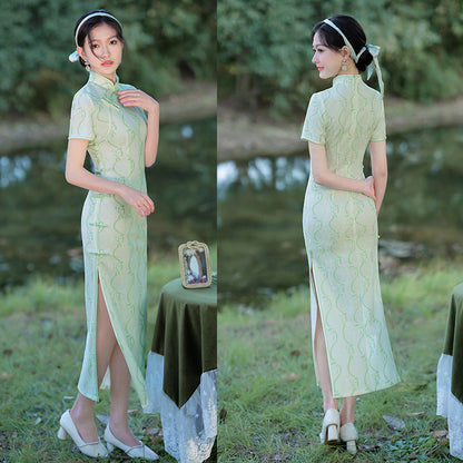 Summer Composite Lace Green Cheongsam Long Fresh Elegant Banquet Qipao Dress for Women