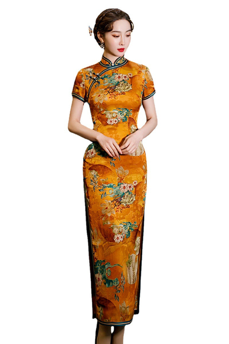 Yourqipao Chinese Improved  Cheongsam Women's Retro Temperament Slim Catwalk Qipao Dress Long Style