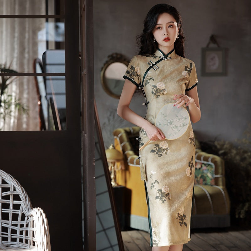 Yourqipao Retro Chinese Traditional Yellow Knitted Jacquard Cheongsam Evening Dress Traditional Qipao Prom Dress Hanfu Skirt