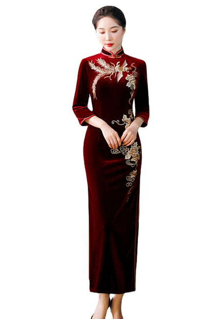 Yourqipao Long Sleeve Gold Velvet Cheongsam Chinese Qipao Dress for Women