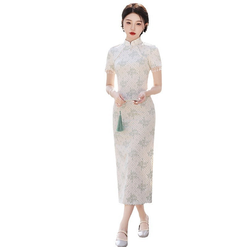 Yourqipao Improved Chinese Short-sleeved Cheongsam Dress Traditional Wedding Toast Skirt for Women