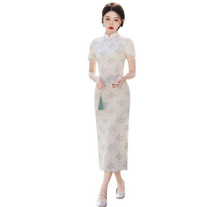 Yourqipao Improved Chinese Short-sleeved Cheongsam Dress Traditional Wedding Toast Skirt for Women