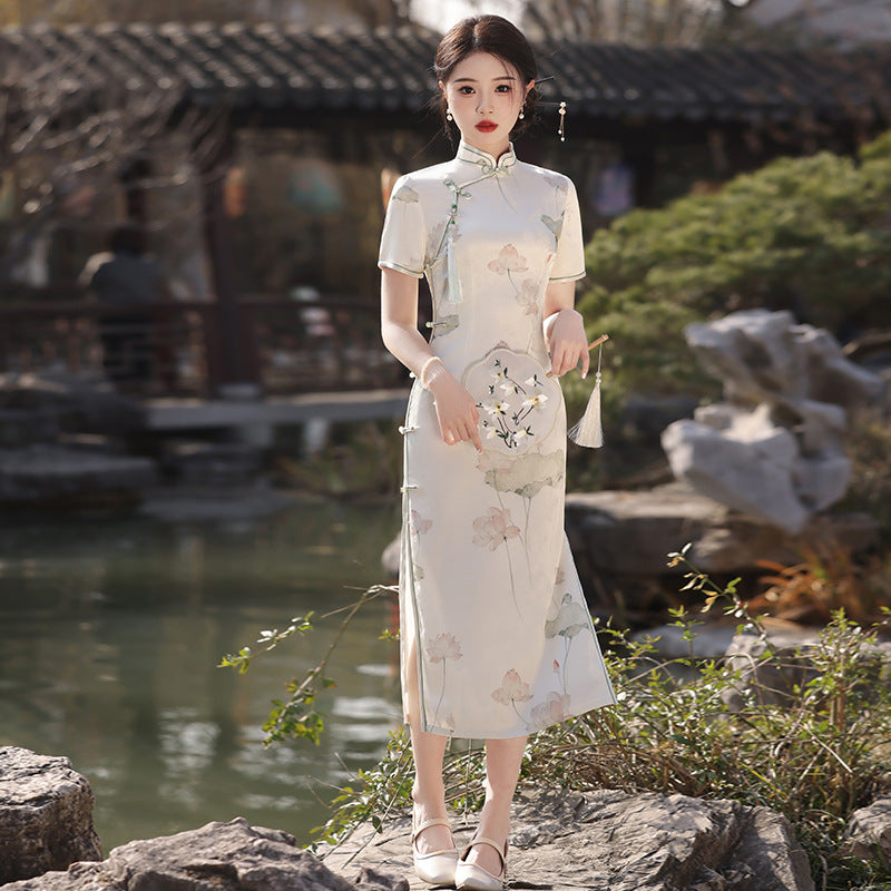 Spring Silk Long Lotus Cheongsam Retro Chinese Style Qipao Dress for Women