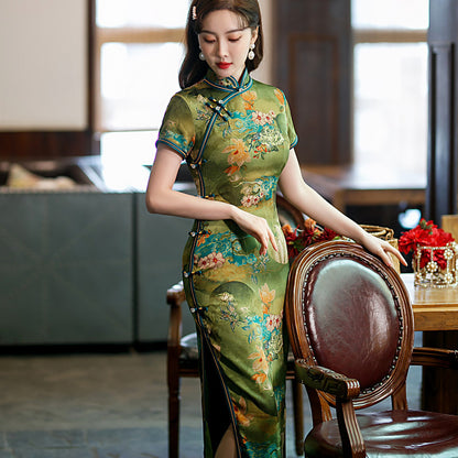 Yourqipao Chinese Improved  Cheongsam Women's Retro Temperament Slim Catwalk Qipao Dress Long Style