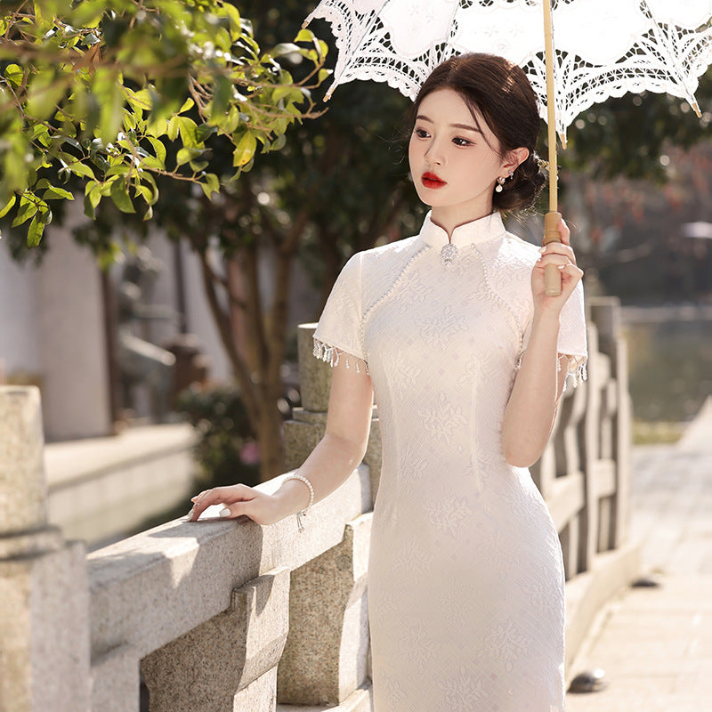 Yourqipao Improved Chinese Short-sleeved Cheongsam Dress Traditional Wedding Toast Skirt for Women