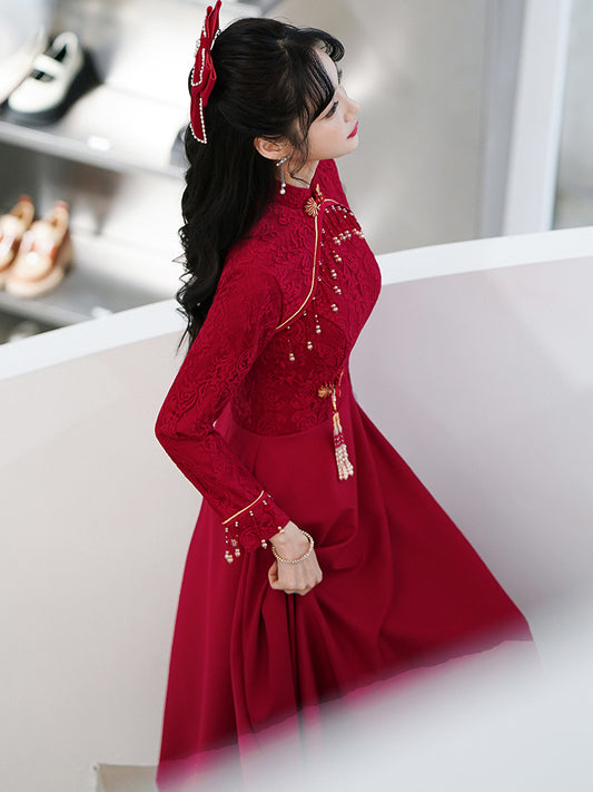 Burgundy Toasting Bride Wedding Engagement Long-sleeved Cheongsam Dress for Women