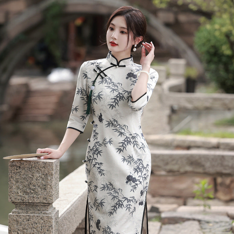 Autumn Ink Cheongsam Chinese Style Suede Printed Daily Qipao Skirt for Women