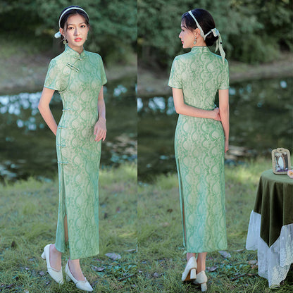 Summer Composite Lace Green Cheongsam Long Fresh Elegant Banquet Qipao Dress for Women