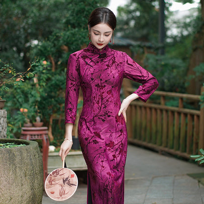 Yourqipao Autumn Improved Composite Velvet Cheongsam Banquet Performance Plus Size Long Qipao Chinese Style Wedding Dress Women