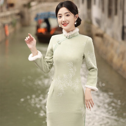 Yourqipao Winter Furred Thickened Soft Long Cheongsam Temperament Daily Qipao Chinese Style Evening Dress for Women Party