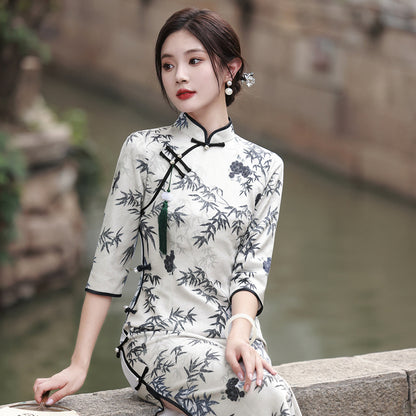 Autumn Ink Cheongsam Chinese Style Suede Printed Daily Qipao Skirt for Women