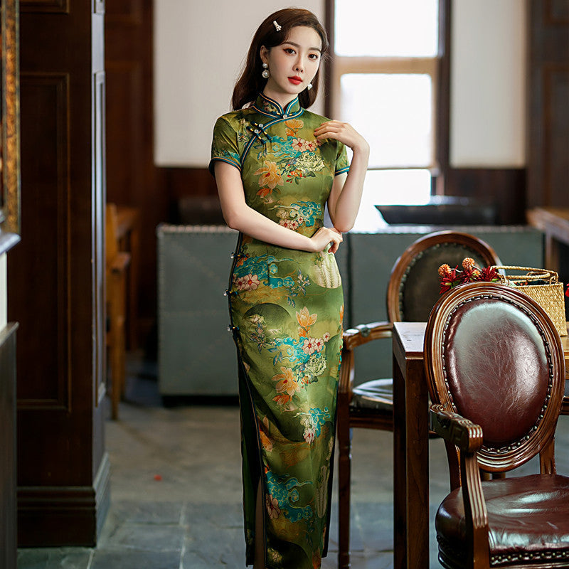 Yourqipao Chinese Improved  Cheongsam Women's Retro Temperament Slim Catwalk Qipao Dress Long Style