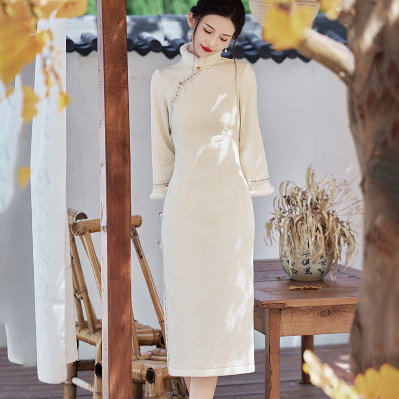 Yourqipao Winter Jacquard Fur Collar Cheongsam Sweet Fresh Casual Qipao Skirt Chinese Traditional Style Dress for Women