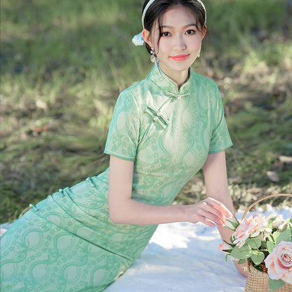 Summer Composite Lace Green Cheongsam Long Fresh Elegant Banquet Qipao Dress for Women