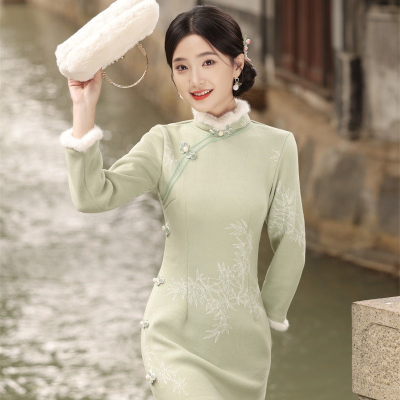 Yourqipao Winter Furred Thickened Soft Long Cheongsam Temperament Daily Qipao Chinese Style Evening Dress for Women Party