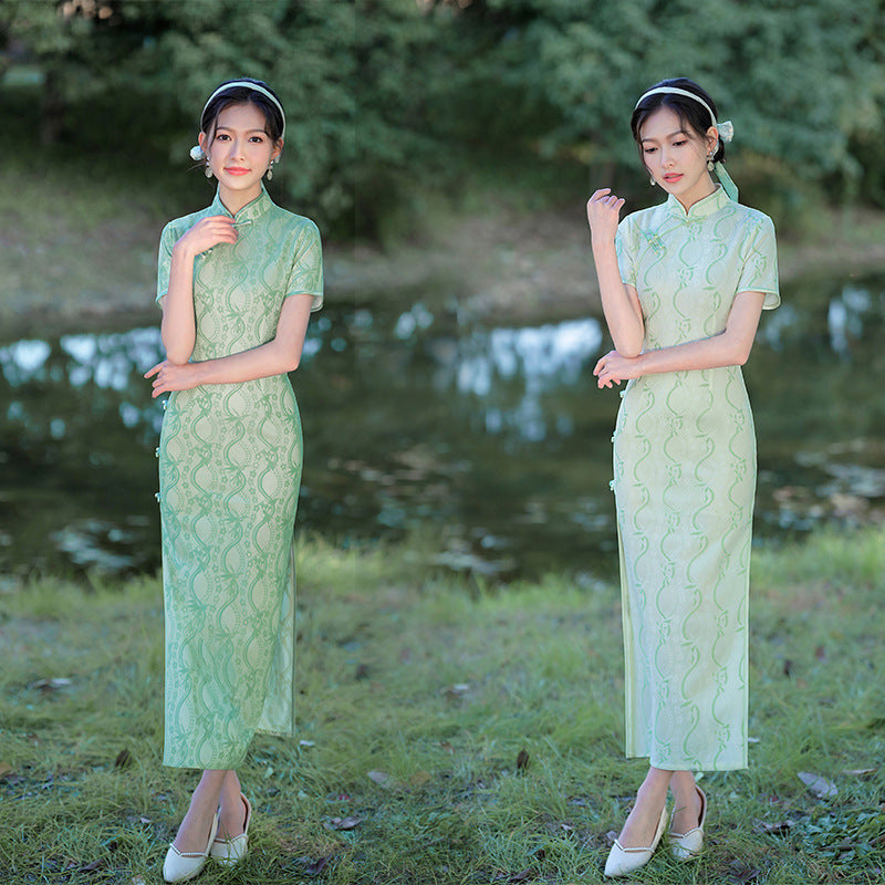 Summer Composite Lace Green Cheongsam Long Fresh Elegant Banquet Qipao Dress for Women