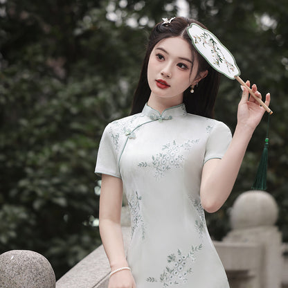 Yourqipao Short-sleeved Long Cheongsam for Women Chinese Traditional Dress Lace Skirt