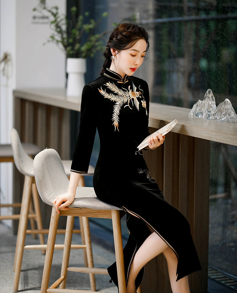 Yourqipao Long Sleeve Gold Velvet Cheongsam Chinese Qipao Dress for Women