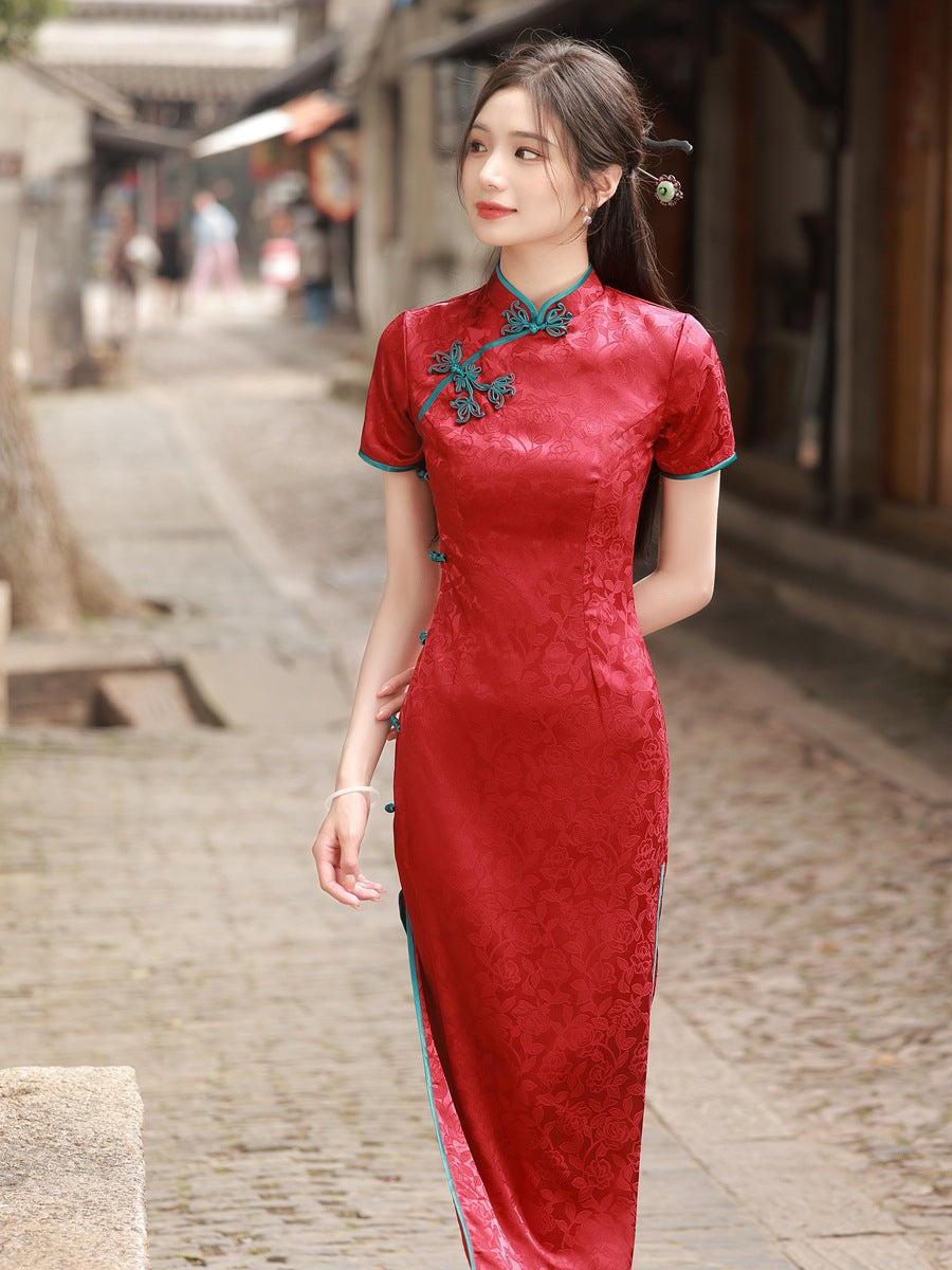 Yourqipao Large Flower Buttoned Jacquard Cheongsam Dress Chinese Style Improved Elegant Catwalk Performance Evening Dress