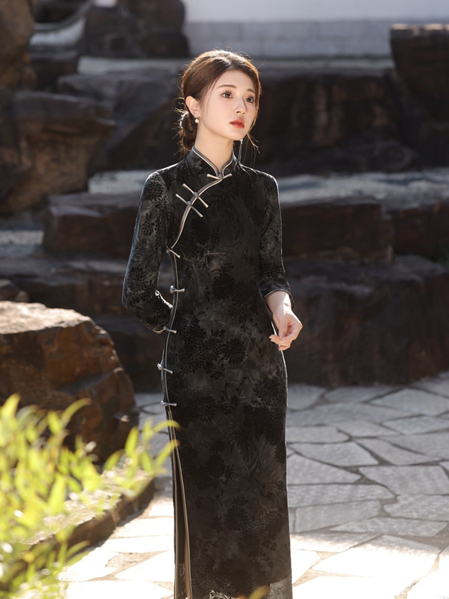 Yourqipao 3/4 Sleeve Black Lace Chinese Traidtional Cheongsam 2024 Vintage Old Shanghai Women Qipao Hanfu Dress