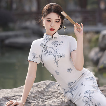 Yourqipao New Women's Spring and Summer Chinese Style Disc Buckle Retro Long Cheongsam Dress Qipao