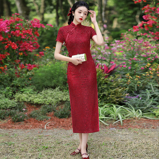 Yourqipao Lace Maxi Qipao Summer Red Stand Collar Chinese Traditional Style Dress Wedding Evening Banquet Dress Cheongsam for Women