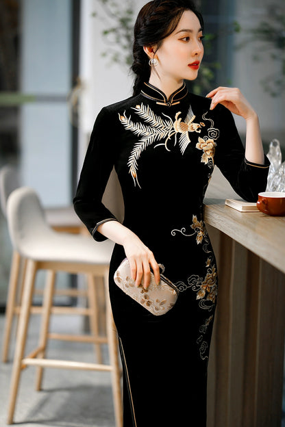 Yourqipao Long Sleeve Gold Velvet Cheongsam Chinese Qipao Dress for Women