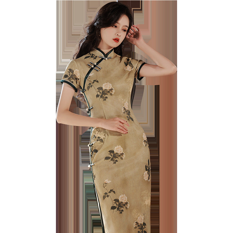 Yourqipao Retro Chinese Traditional Yellow Knitted Jacquard Cheongsam Evening Dress Traditional Qipao Prom Dress Hanfu Skirt