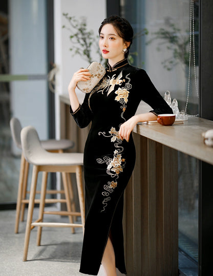 Yourqipao Long Sleeve Gold Velvet Cheongsam Chinese Qipao Dress for Women