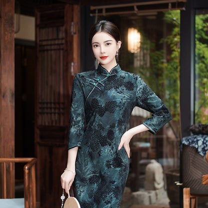 Yourqipao Autumn Improved Composite Velvet Cheongsam Banquet Performance Plus Size Long Qipao Chinese Style Wedding Dress Women