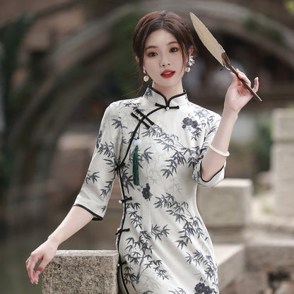 Autumn Ink Cheongsam Chinese Style Suede Printed Daily Qipao Skirt for Women