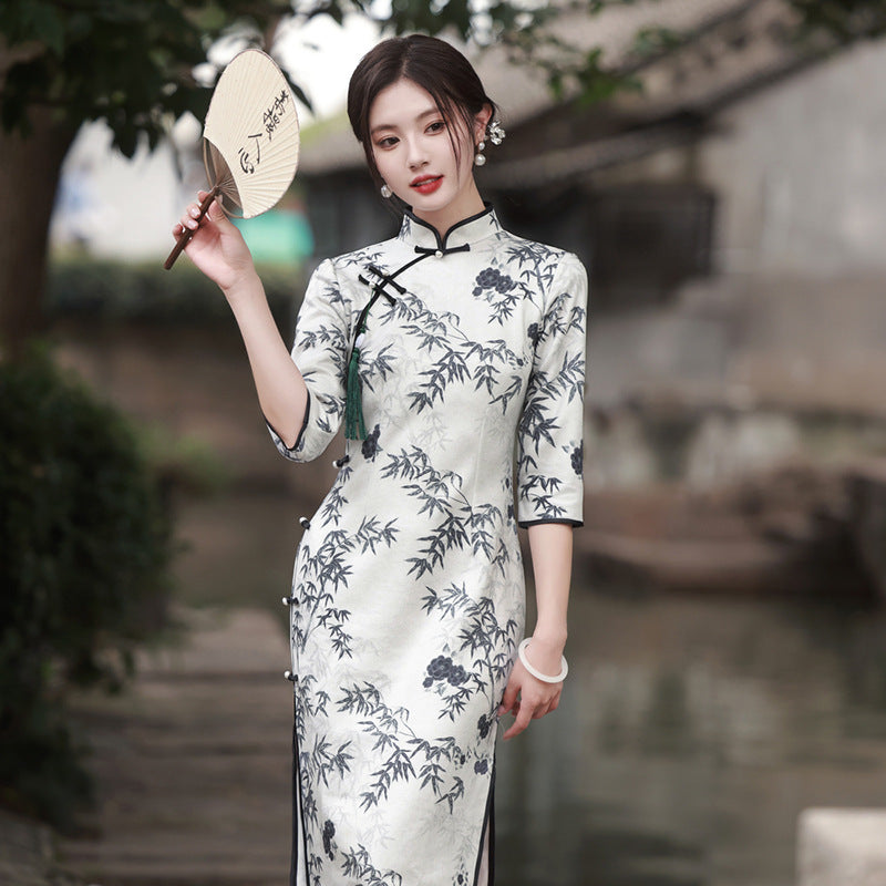 Autumn Ink Cheongsam Chinese Style Suede Printed Daily Qipao Skirt for Women