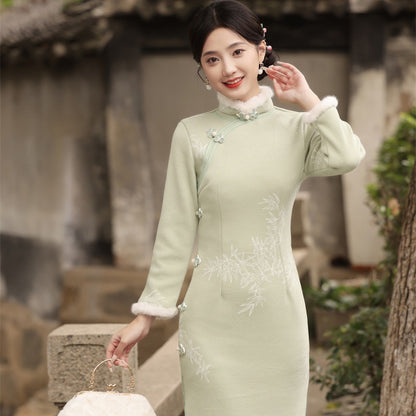 Yourqipao Winter Furred Thickened Soft Long Cheongsam Temperament Daily Qipao Chinese Style Evening Dress for Women Party