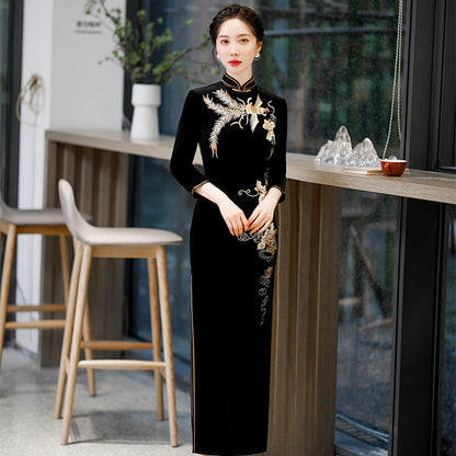 Yourqipao Long Sleeve Gold Velvet Cheongsam Chinese Qipao Dress for Women