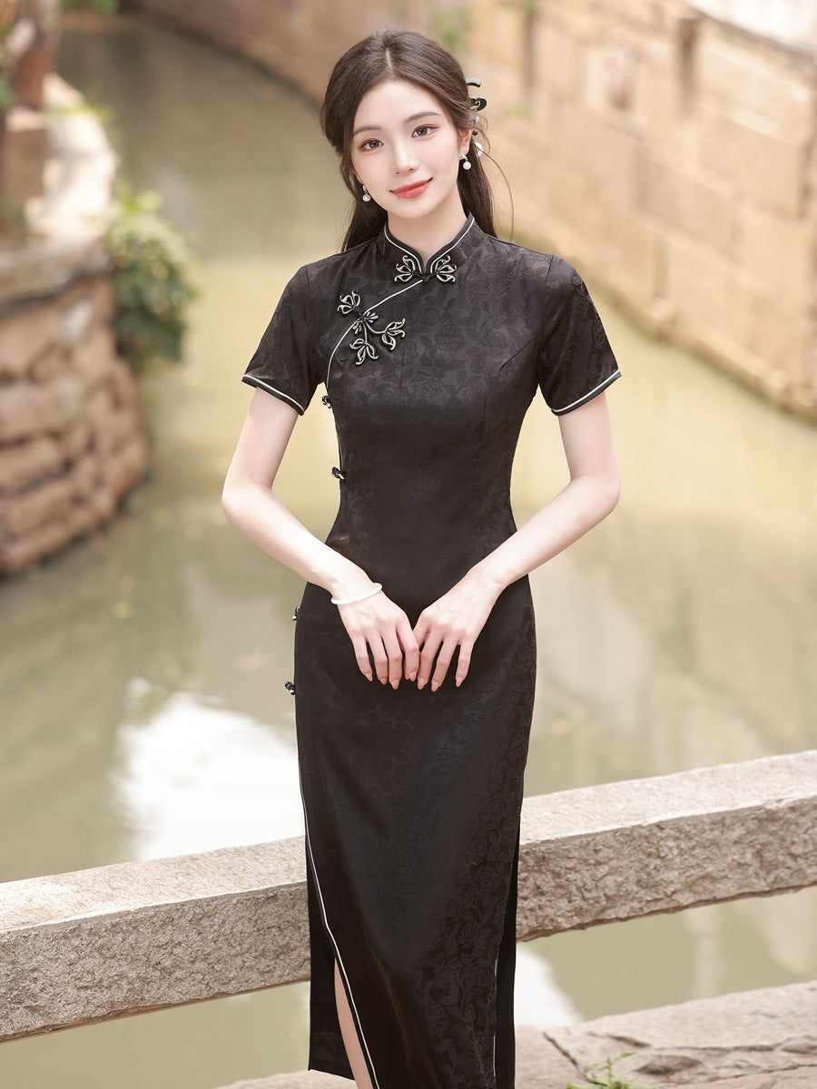 Yourqipao Large Flower Buttoned Jacquard Cheongsam Dress Chinese Style Improved Elegant Catwalk Performance Evening Dress