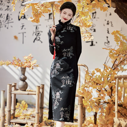 Yourqipao Winter Embroidered Black Cheongsam Retro Elegant Fashion Improved Qipao Chinese Style