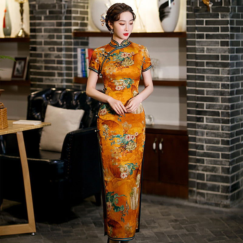 Yourqipao Chinese Improved  Cheongsam Women's Retro Temperament Slim Catwalk Qipao Dress Long Style