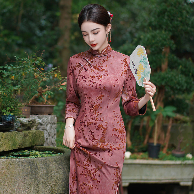 Yourqipao Autumn Improved Composite Velvet Cheongsam Banquet Performance Plus Size Long Qipao Chinese Style Wedding Dress Women