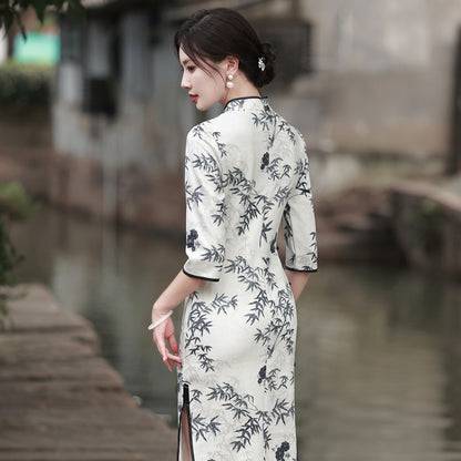 Autumn Ink Cheongsam Chinese Style Suede Printed Daily Qipao Skirt for Women