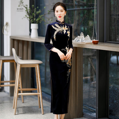 Yourqipao Long Sleeve Gold Velvet Cheongsam Chinese Qipao Dress for Women