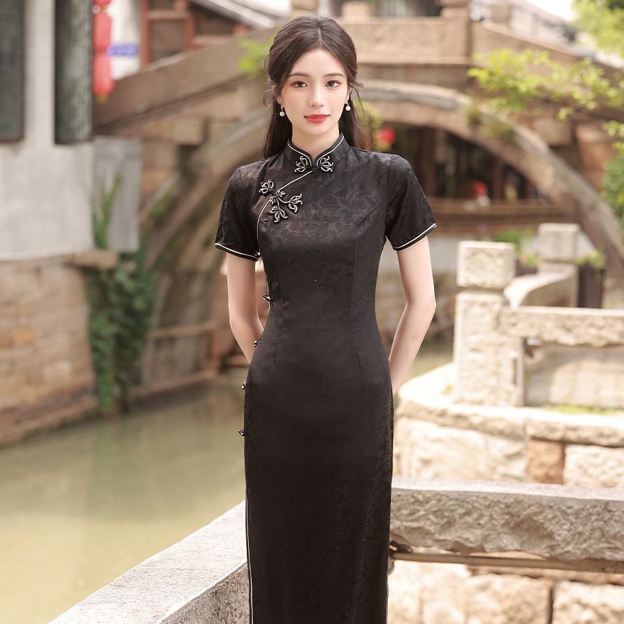 Yourqipao Large Flower Buttoned Jacquard Cheongsam Dress Chinese Style Improved Elegant Catwalk Performance Evening Dress