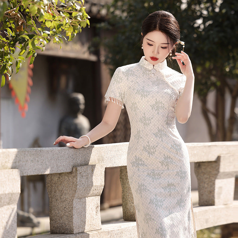 Yourqipao Improved Chinese Short-sleeved Cheongsam Dress Traditional Wedding Toast Skirt for Women