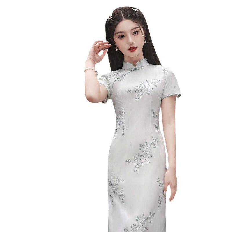 Yourqipao Short-sleeved Long Cheongsam for Women Chinese Traditional Dress Lace Skirt