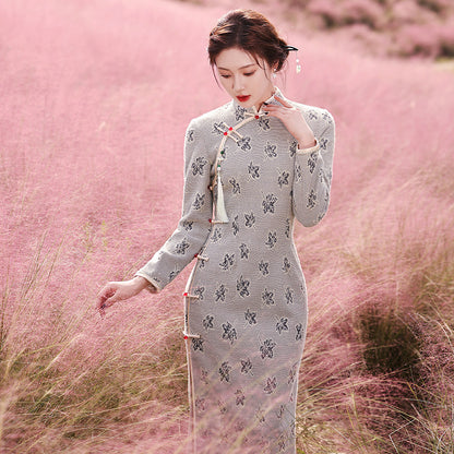 Autumn Winter Retro Long Cheongsam Composite Lady Soft Temperament Qipao Chinese Style Evening Dress for Women