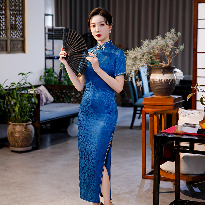 Yourqipao Large Flower Buttoned Jacquard Cheongsam Dress Chinese Style Improved Elegant Catwalk Performance Evening Dress